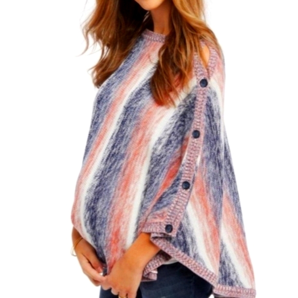 Motherhood Maternity Adjuatable Color Striped Knit Poncho with Buttons - Picture 1 of 7